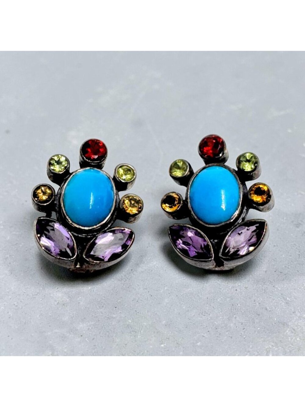 Vintage Nicky Butler 925 Sterling Silver Multi Gem Clip Earrings India Designer
